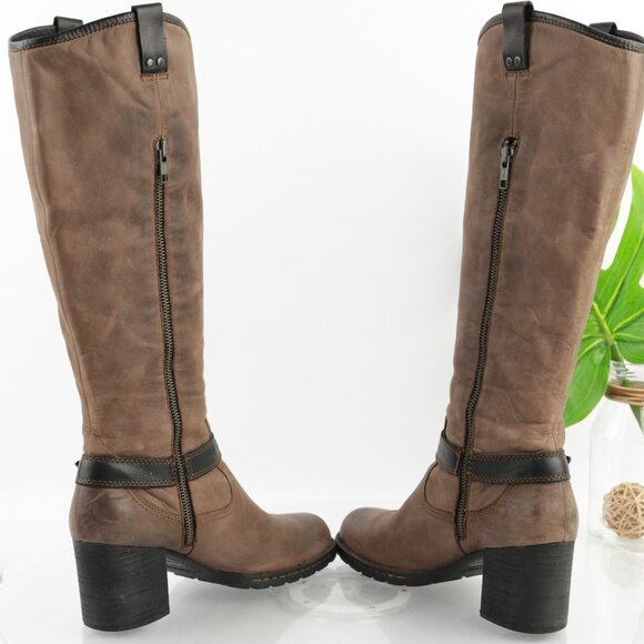 Born Womens Riding Boots Size 8.5 Tall Brown Leather Block Heel Harness Lug Sole - Picture 6 of 15